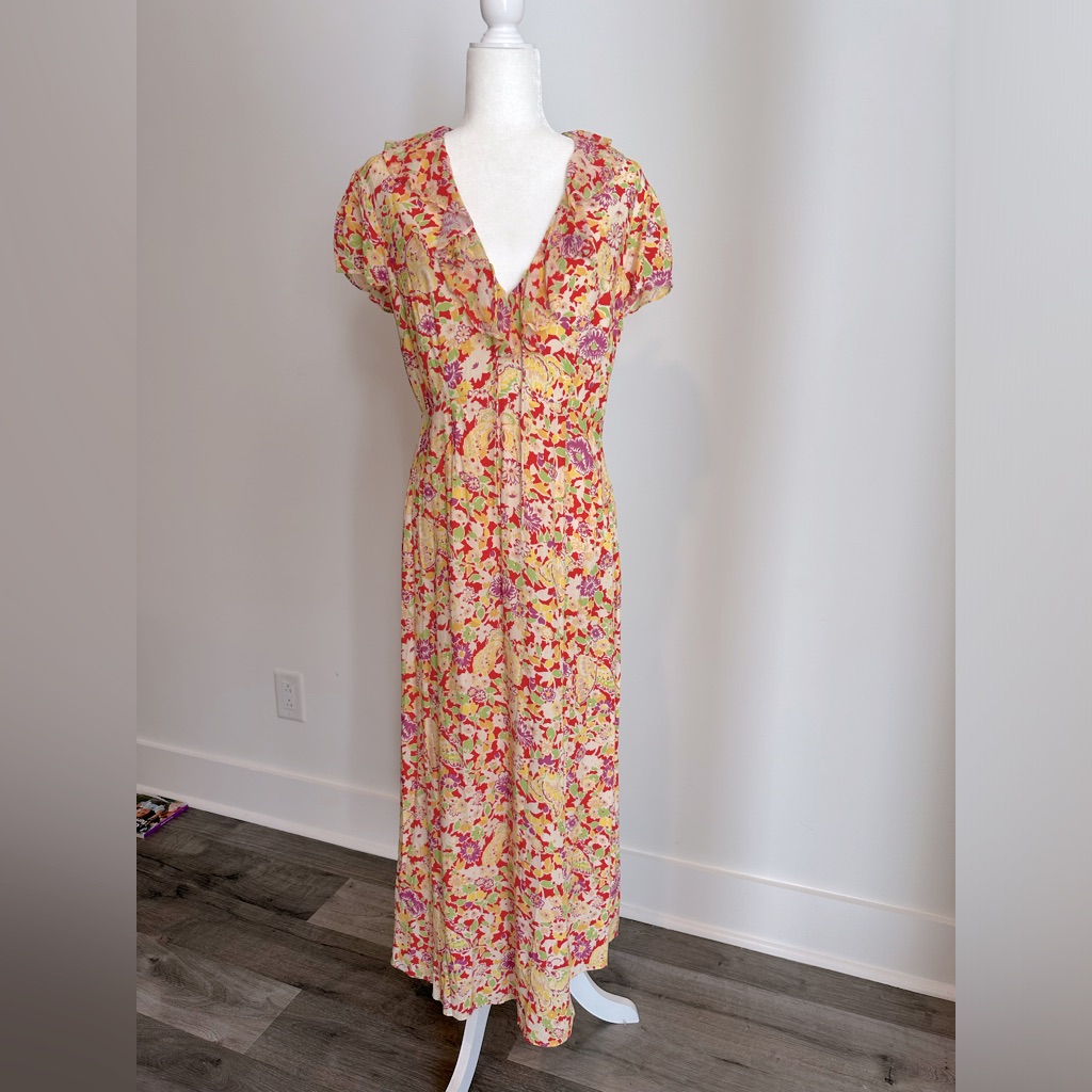 Rixo Yellow Floral Maxi Dress With Pink & Red Accents